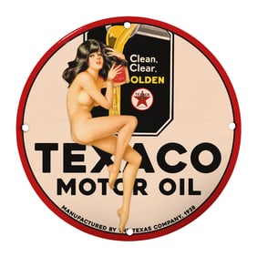 Rare 8" Round Porcelain Texaco Motor Oil Sign Featuring Vintage Artwork