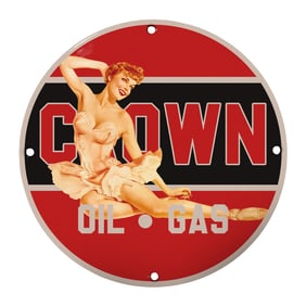 Rare 8" Round Crown Oil & Gas Vintage Porcelain Sign - Stunning Colors & Design