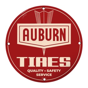 Rare 8" Round Auburn Tires Porcelain Sign - Vintage Quality & Service Decor