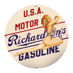 Rare 8" Round Porcelain Sign Featuring Richardson's Gasoline - Vintage Motor Oil Art