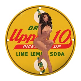 Vintage 8" Round Rare Design Porcelain Sign - Drink Upper 10 Lime Lemon Soda