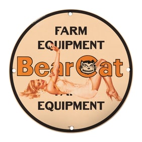 Rare 8" Round BearCat Farm Equipment Porcelain Sign ? Collectible Vintage Artwork