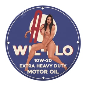 Rare Vintage 8-Inch Round Porcelain Sign Featuring Unique Motor Oil Design