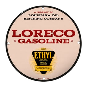 Vintage LORECO Gasoline Porcelain Sign (8" Round) - Rare Collectible from 1933