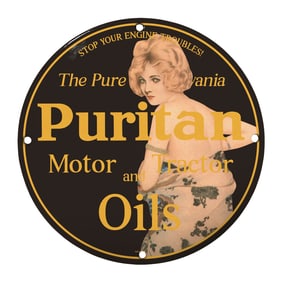 Rare 8" Round Porcelain Sign: Puritan Motor & Tractor Oils Vintage Design