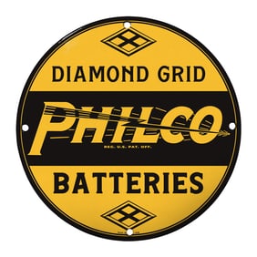 Rare 8" Round Philco Diamond Grid Porcelain Sign - Collectible Vintage Battery Decor