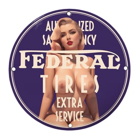 Vintage 8" Round Federal Tires Rare Design Porcelain Sign - Collector?s Item