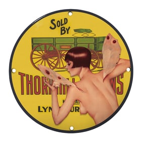 Unique 8" Round Rare Design Porcelain Sign - Vintage Thornhill Advertising Art