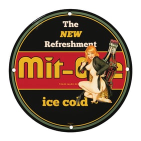 Vintage 8" Round Rare Design Porcelain Sign - Mit-O Ice Cold Refreshment