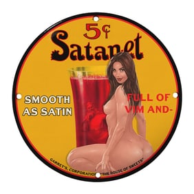Vintage 8" Round Porcelain Sign: Rare 'Satanet' Drink Advertising Art