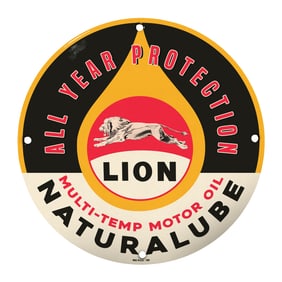 Rare 8" Round Lion Porcelain Sign - Vintage Naturalube Motor Oil Art