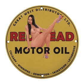 Rare 8" Round Porcelain Sign - Vintage Red Head Motor Oil Collectible