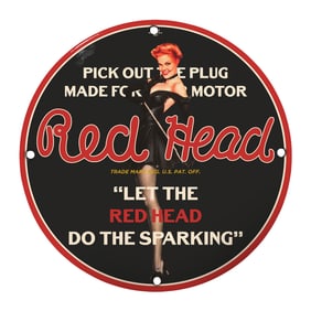 Vintage 8" Round Rare Red Head Porcelain Sign - Unique Automotive Collectible