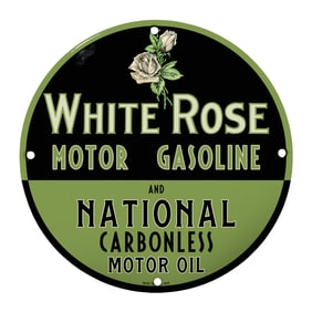 Vintage White Rose Motor Gasoline & National Carbonless Motor Oil Porcelain Sign - Rare Design