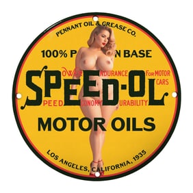 Vintage 8" Round Porcelain Sign - Rare Speed-Oil Motor Oils Design (1935)