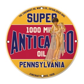 Vintage 8" Round Porcelain Sign - Anticargo Oil - Cincinnati, 1938 - Rare Collectible