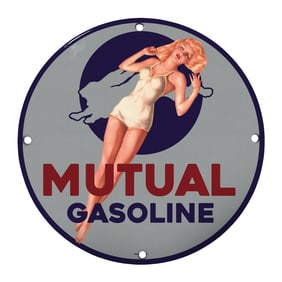 Rare 8" Round Porcelain Sign - Vintage Mutual Gasoline Design for Collectors and Enthusiasts