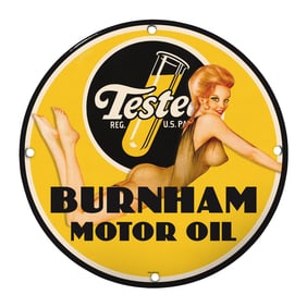 Vintage 8" Round Burnham Motor Oil Porcelain Sign - Unique Rare Design for Collectors