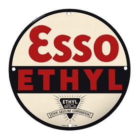 Rare 8" Round Vintage Esso Ethyl Porcelain Gas Station Sign - Collectible Memorabilia