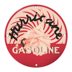 Vintage 8" Round Porcelain Hurricane Gasoline Sign - Rare Collector's Item