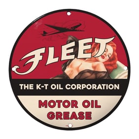 Rare Vintage 8" Porcelain Sign - Fleet Motor Oil & Grease - Unique Art Deco Design