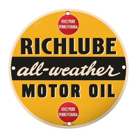 Rare 8-Inch Round Richlube Motor Oil Porcelain Sign - Vintage Auto Memorabilia