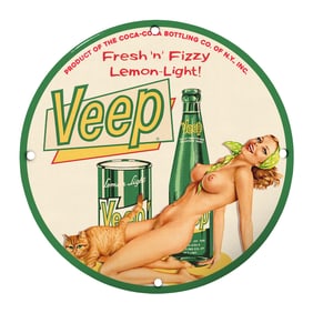 Rare 8" Round Veep Lemon-Light Porcelain Sign - Vintage Coca-Cola Advertising