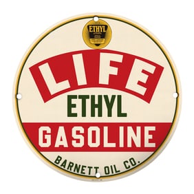 Authentic 8" Round Vintage Ethyl Gasoline Porcelain Sign - Rare Collectible Design