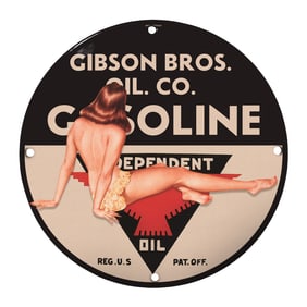Vintage Gibson Bros. Oil Co. Gasoline Porcelain Sign - Rare 8" Round Design for Collectors