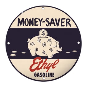 Rare 8" Round Porcelain Sign - Vintage Ethyl Gasoline Money-Saver Design