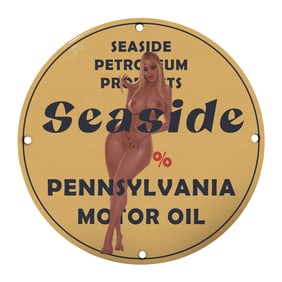 Rare Seaside Petroleum Products 8-Inch Round Porcelain Sign - Vintage Decor for Collectors