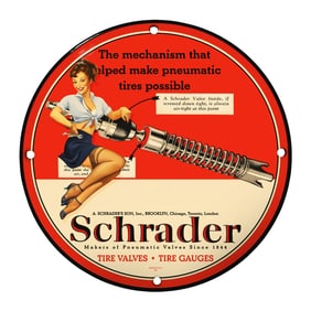 Vintage 8" Round Porcelain Schrader Tire Valve Sign - Collectible Auto Memorabilia