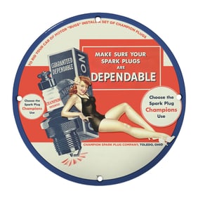 Vintage 8" Round Porcelain Sign - Champion Spark Plugs - Iconic Retro Design