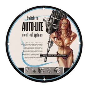 Rare 8" Round Porcelain Sign Featuring Vintage Auto-Lite Electrical Systems Design