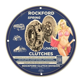 Rare 8" Round Rockford Clutches Porcelain Sign - Vintage Auto Advertising Art