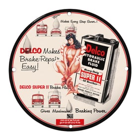 Vintage 8" Round Delco Hydraulic Brake Fluid Porcelain Sign - Rare Design for Collectors
