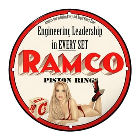 Rare 8-Inch Round RAMCO Piston Rings Porcelain Sign - Vintage Engineering Collectible