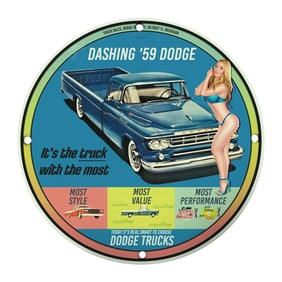 Vintage 8" Round Porcelain Sign - Iconic '59 Dodge Truck Design for Collectors & Bidders