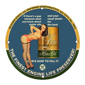 Vintage Quaker State Motor Oil Porcelain Sign - 8" Round Rare Design from 1962