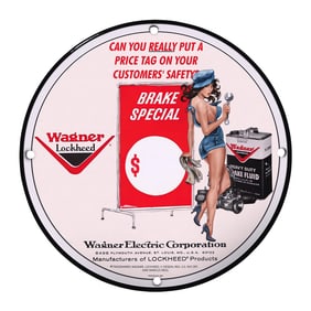 8" Round Vintage Porcelain Sign: Wagner Lockheed Brake Special with Retro Design