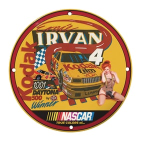 Vintage 8" Round NASCAR Porcelain Sign - Ernie Irvan Kodak Daytona 500 Winner
