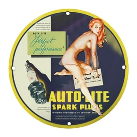Vintage Auto-Lite Spark Plugs Porcelain Sign ? 8" Round Attractive Design