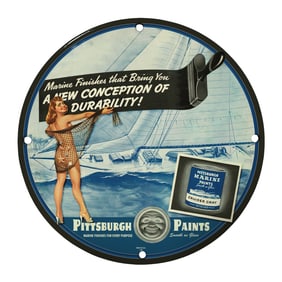 Rare 8" Round Vintage Porcelain Sign ? Pittsburgh Paints Marine Finishes