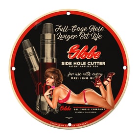 Rare Vintage 8" Round Porcelain Sign - Slobe Side Hole Cutter Artwork