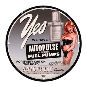 Rare 1947 Autopulse Electric Fuel Pumps Porcelain Sign - 8" Round Vintage Design