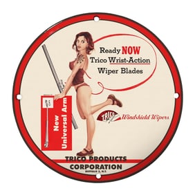 Rare Vintage 8" Round Trico Products Porcelain Sign ? Unique Wiper Blade Design