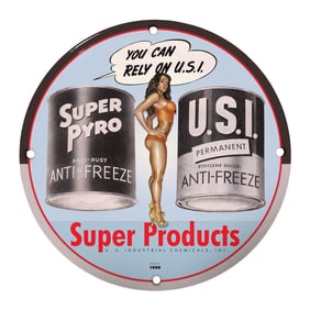 Vintage 8-Inch Round Rare Design Porcelain Sign - Super Pyro & U.S.I. Anti-Freeze Advertising