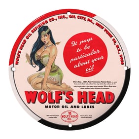 Vintage 8" Round Rare Porcelain Sign: Wolf's Head Oil 1950 - Iconic Motor Oil Design