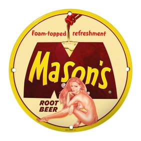 Unique 8" Round Mason's Root Beer Rare Porcelain Sign - 1952 Vintage Collector's Item
