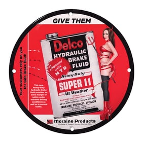 Unique 8" Round Delco Hydraulic Brake Fluid Porcelain Sign - A Vintage Automotive Collectible